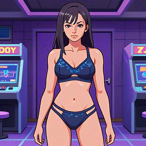 Cyberpunk Style Young Woman in Futuristic Lingerie in Neon Arcade