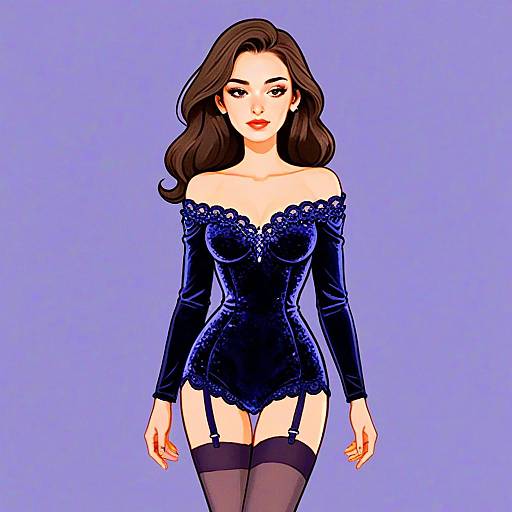 Stylish Woman in Midnight Blue Velvet Bodysuit Digital Illustration