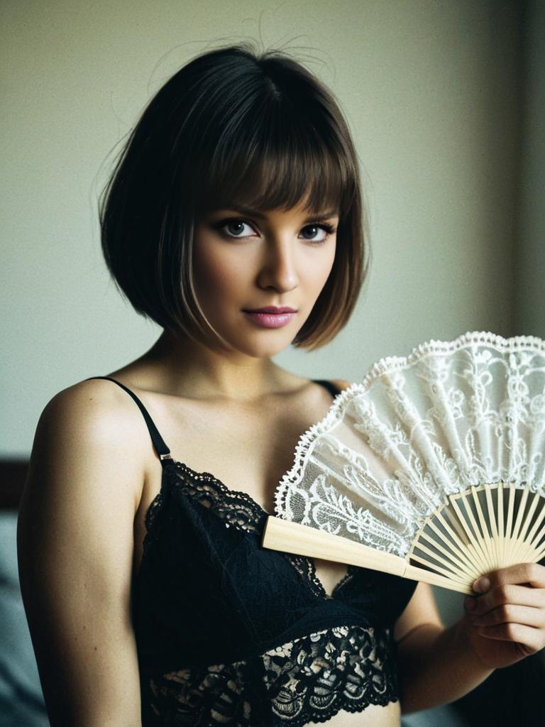 Portrait of Woman Holding White Lace Fan in Black Lace Bralette
