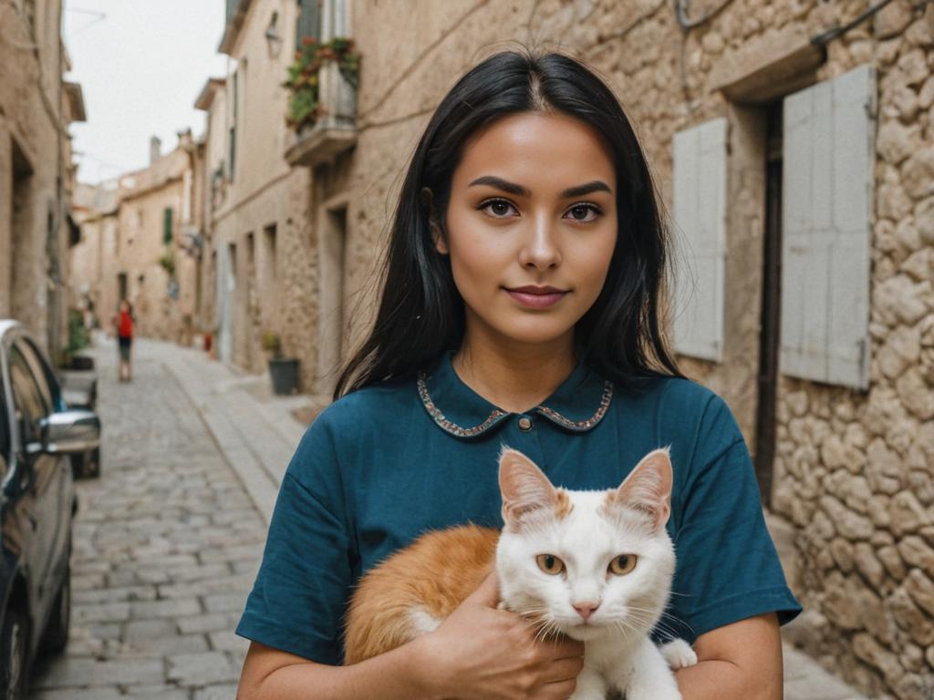 Serene Woman with Cat on Cobblestone Street