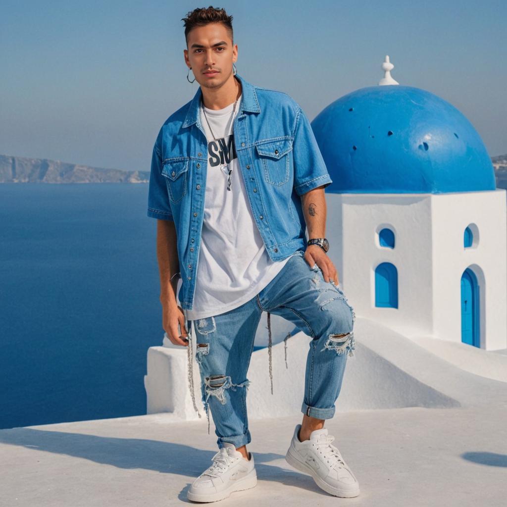 Man in Denim Outfit Against Santorini Blue Domes