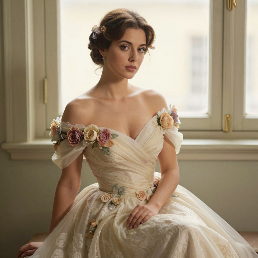 Vintage Style Woman in Floral Embellished Off-Shoulder Beige Gown