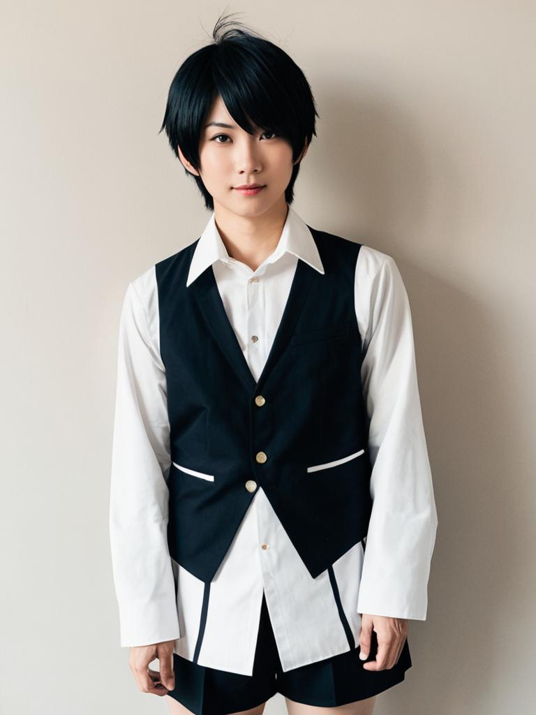 Realistic Shigeo Kageyama Cosplay by Man in Black Vest and White Shirt