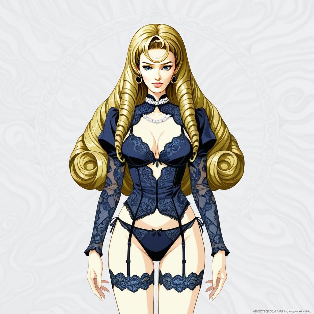 Elegant Woman in Navy Blue Lace Lingerie
