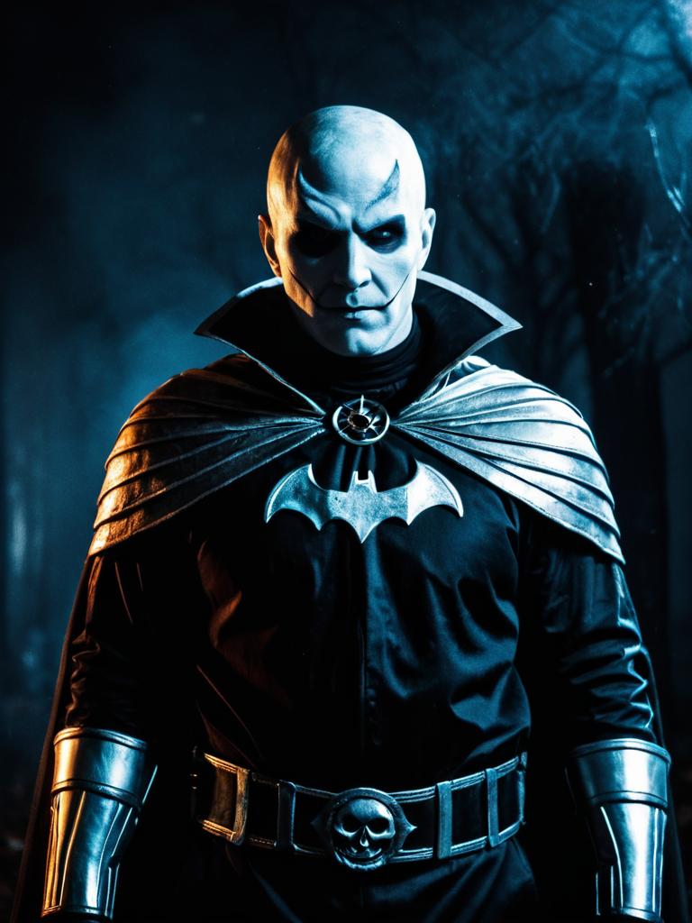 Man in High-Quality Gothic Halloween Costume with Bat Emblem and Face Paint Cosplay Portrait