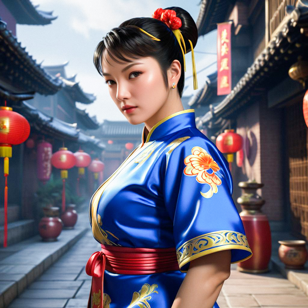 Woman in Blue Chun-Li Costume with Asian Backdrop