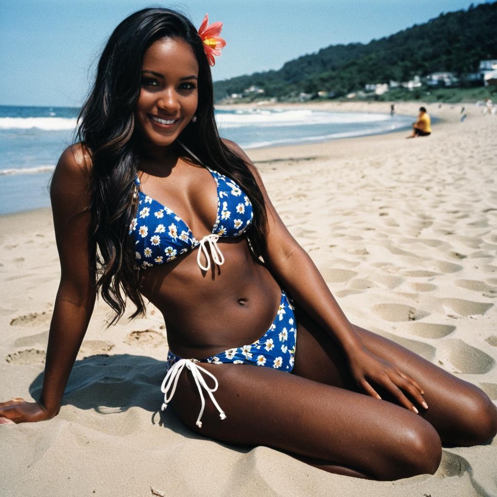 Smiling Woman in Blue Floral Bikini Relaxing on Sandy Beach