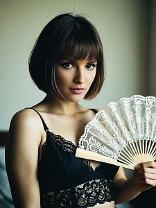 Portrait of Woman Holding White Lace Fan in Black Lace Bralette
