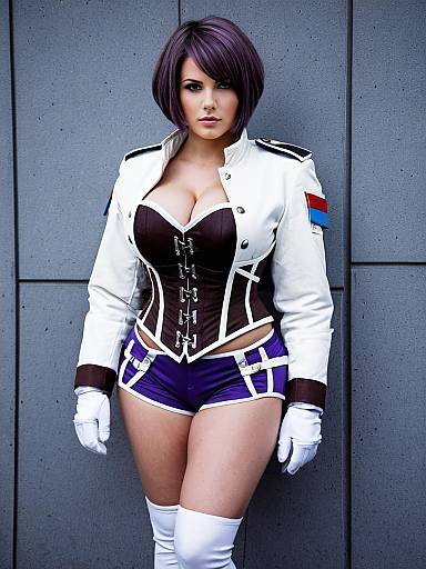Cosplay Woman in Military Style White Jacket and Purple Shorts