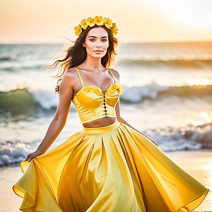 Woman in Yellow Satin Outfit at Sunset Beach