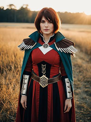 Realistic Cosplay of Meyrin Hawke Character by Woman in Field at Sunset