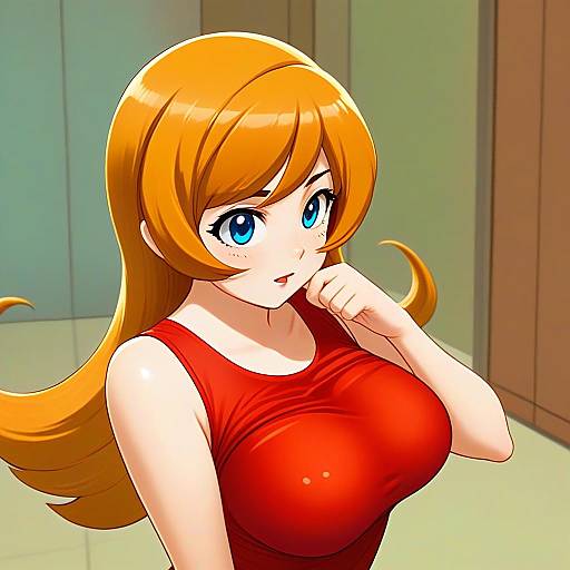 Anime Illustration of Woman with Orange Hair and Blue Eyes in Red Top