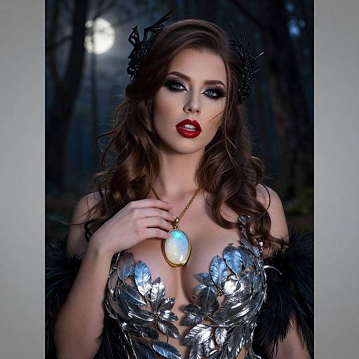 Glamorous Woman in Metallic Leaf Outfit with Opal Pendant at Moonlit Forest