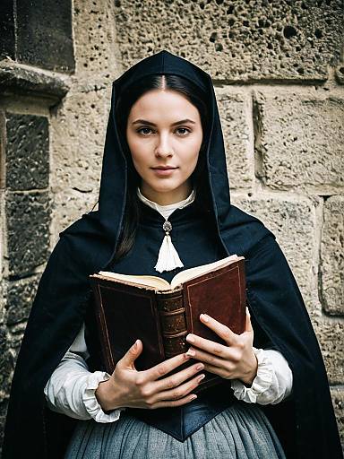 Woman in Pilgrim Costume Holding a Leather-Bound Book in Medieval Dress