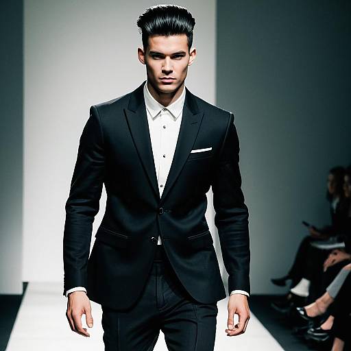 Confident Male Model in Tailored Black Suit on Fashion Runway