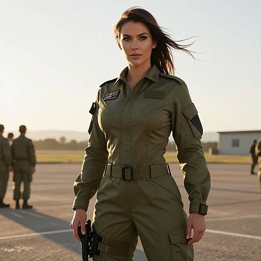 Confident Woman in Military Flight Suit on Airfield at Sunset