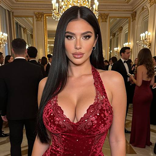 Elegant Woman in Red Velvet Dress at Luxurious Ballroom Event