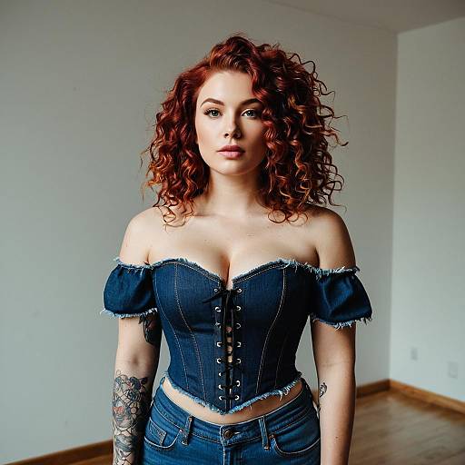 Stylish Woman in Denim Corset and Jeans with Red Curly Hair