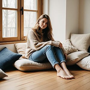 Young Woman in Cozy Setting by Window