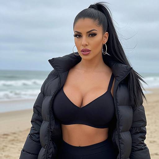 Confident Woman in Black Sports Bra and Puffer Jacket on Beach