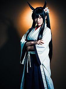Realistic Photo of Woman in Kikyo Costume Cosplay with Horns and Flower