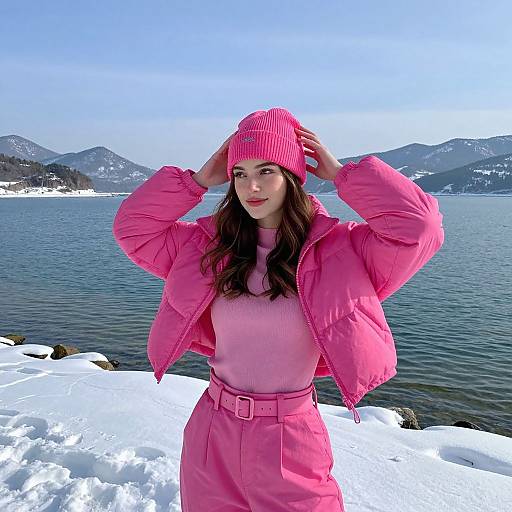 Woman in Pink Winter Outfit by Snowy Lakeside with Mountain View