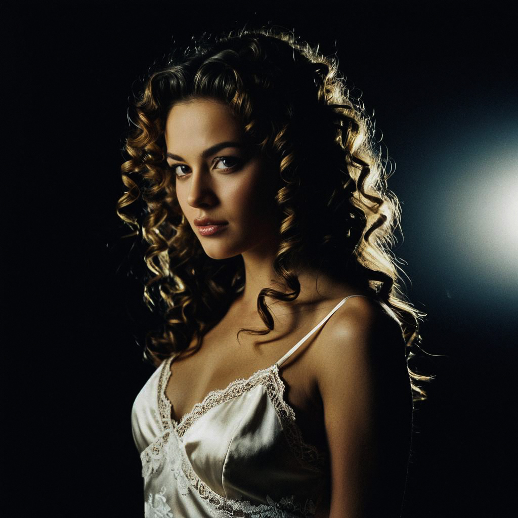 Confident Woman with Curly Hair in Vintage Camisole