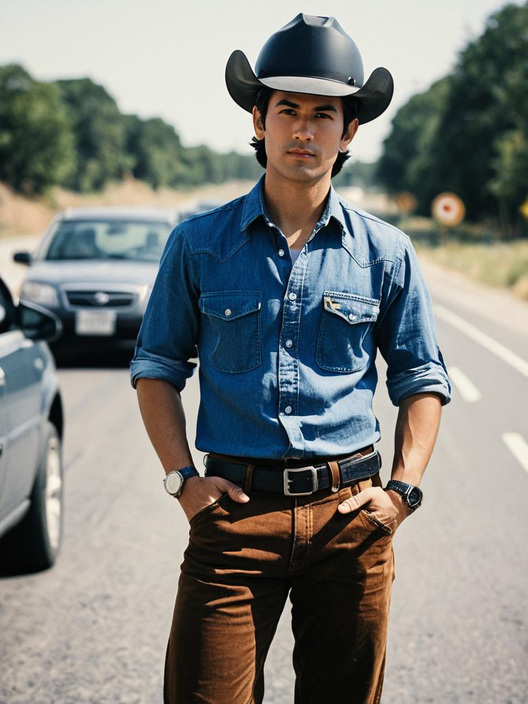 Young Man in Western Working Clothes with Cowboy Hat on Road