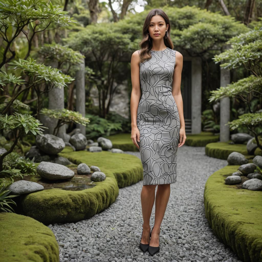 Elegant Woman in Patterned Dress in Zen Garden