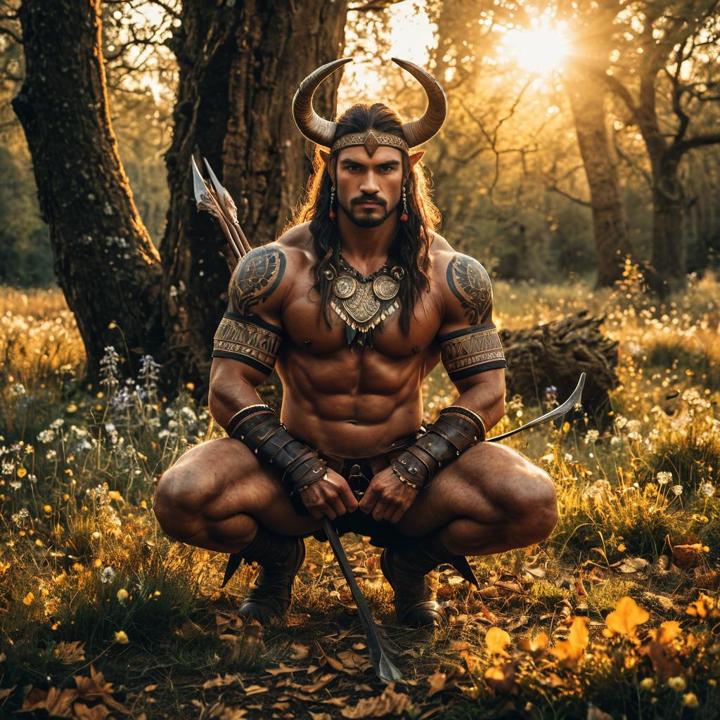 Muscular Horned Warrior Man in Forest with Bow and Tribal Tattoos