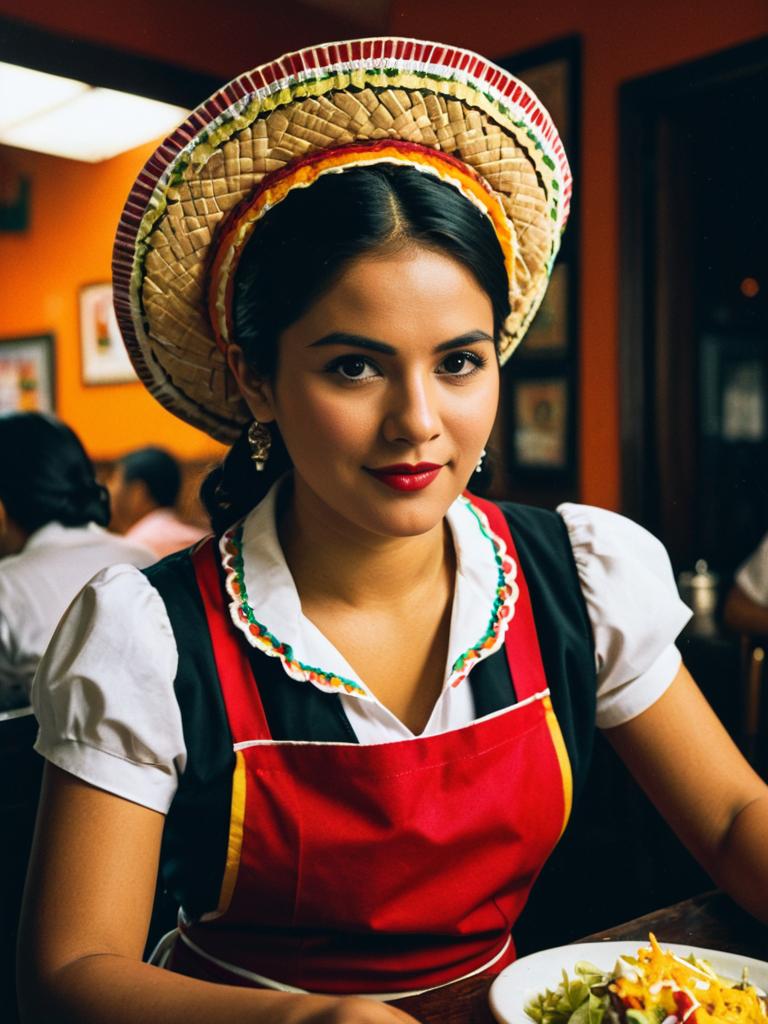 Woman in Mexican Waitress Costume with Vibrant Traditional Attire in Cinematic Setting