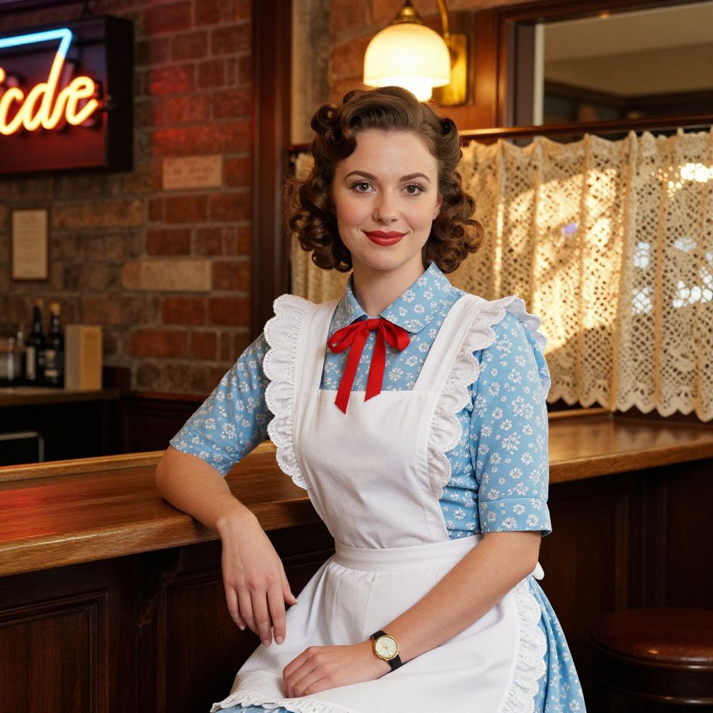 Vintage 1950s Woman in Retro Cafe Wearing Classic Floral Dress and Apron