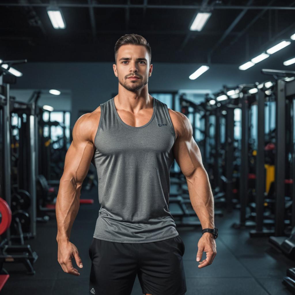 Fit Man Showcasing Biceps in Gym