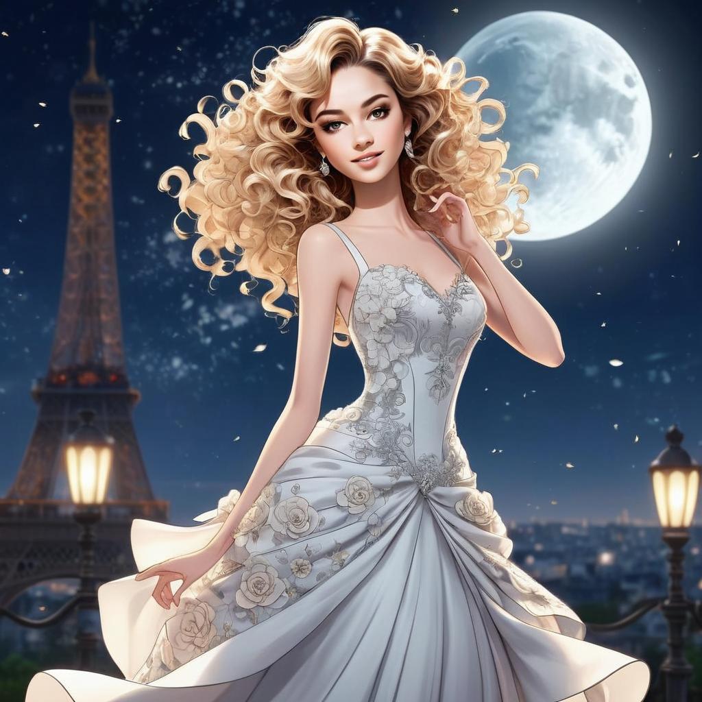 Elegant Woman in Silver Gown Under Full Moon