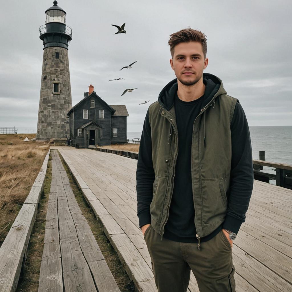 Confident Man on Boardwalk with Lighthouse