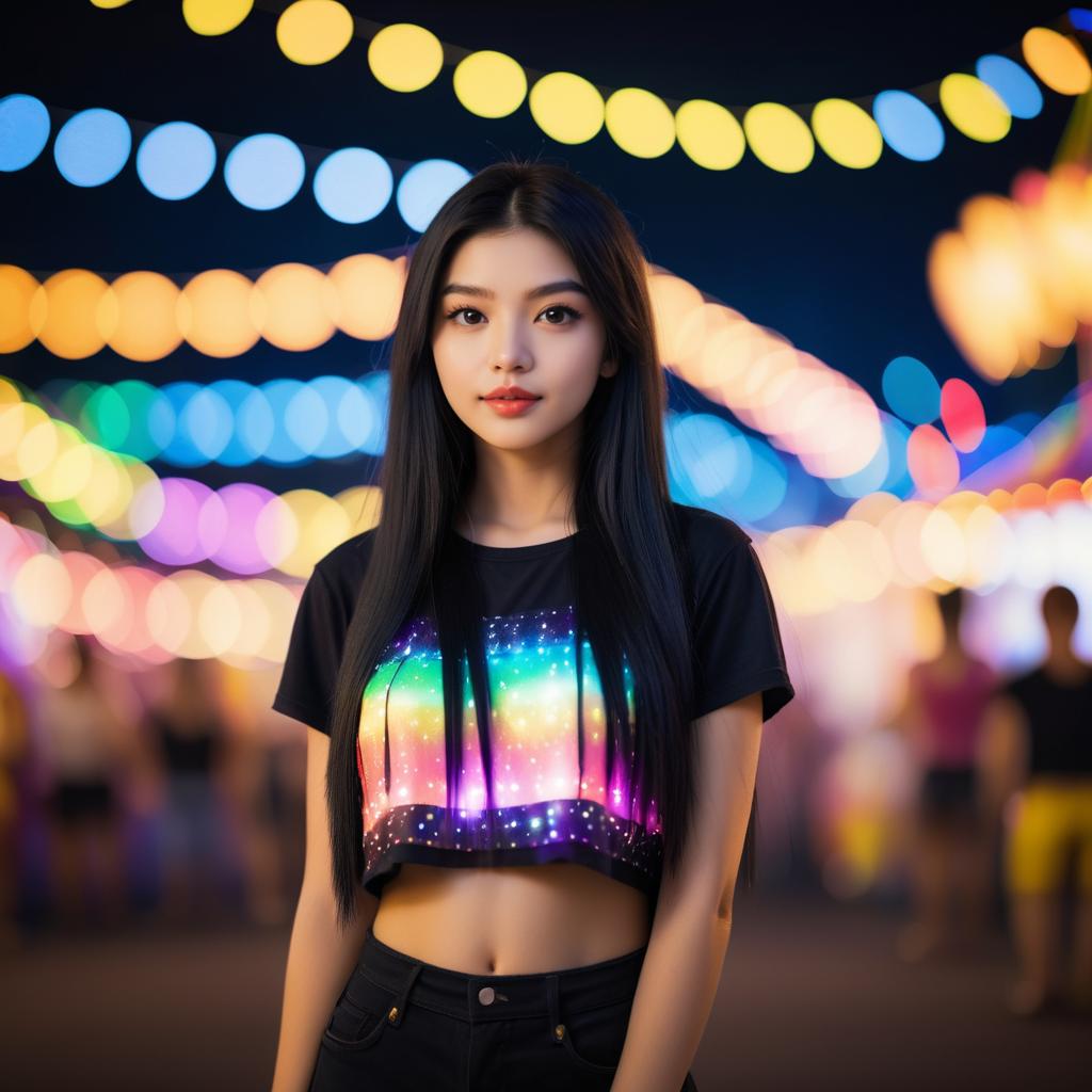 Confident Woman Under Colorful Lights