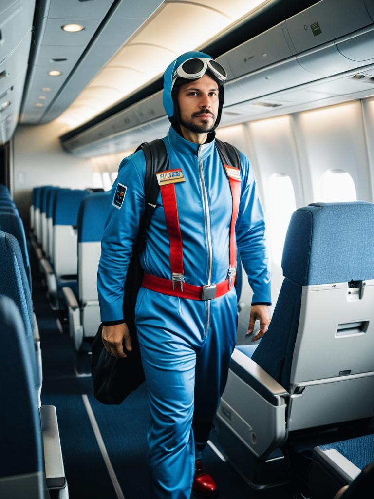 Man in Airliner Pilot Costume Full Body Cosplay Inside Airplane Cabin