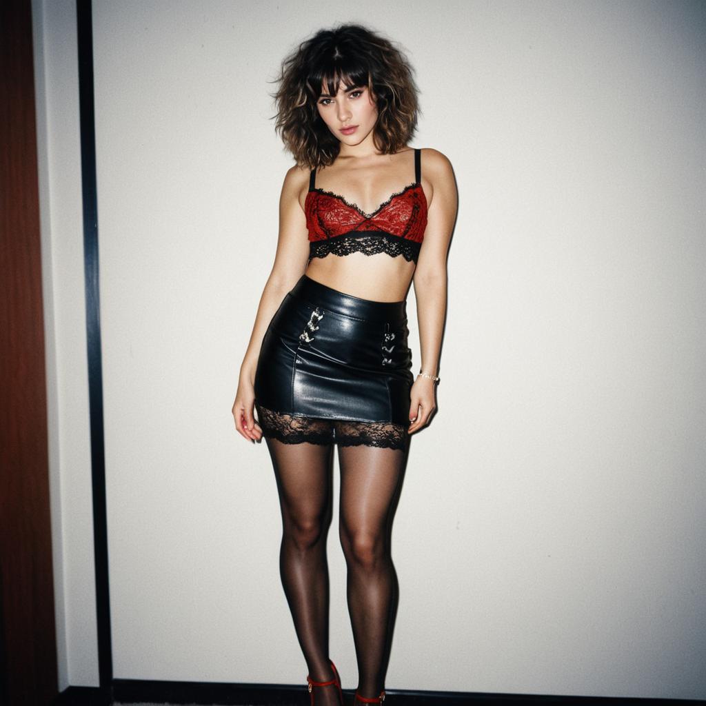 Confident Woman in Red Lace Bralette and Black Leather Mini Skirt