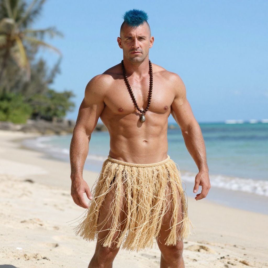 Muscular Man in Grass Skirt on Tropical Beach with Blue Mohawk