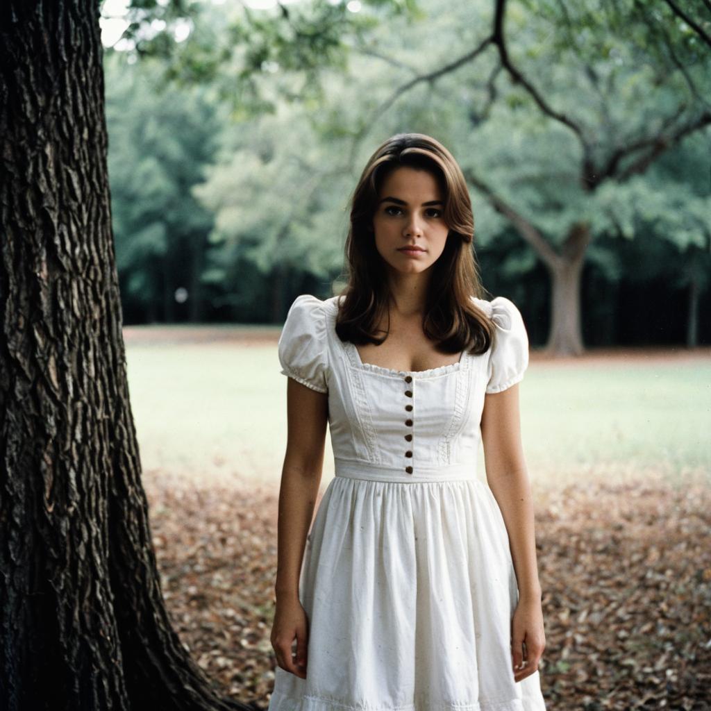 Young Woman in White Period Dress by Tree Outdoors Alabama True Romance Style Young Woman in White Period Dress by Tree Outdoors Alabama True Romance Style