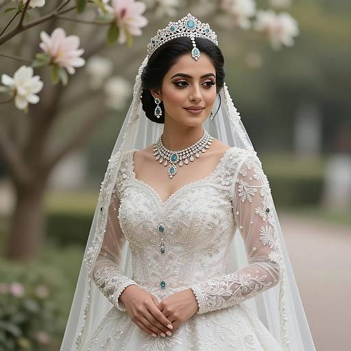 Elegant Bride in Embroidered White Wedding Dress with Turquoise Jewelry