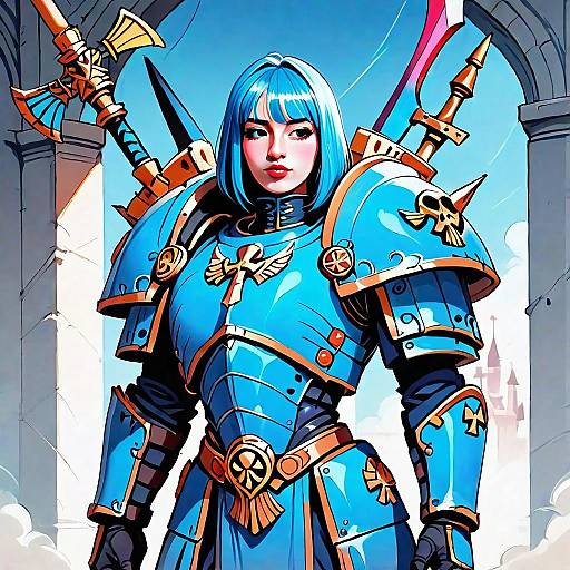 Armored Woman Warrior in Blue and Gold Medieval Armor with Axe