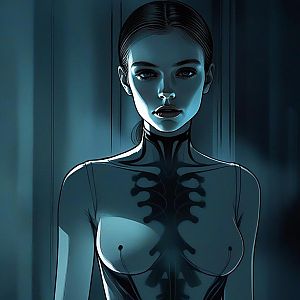 Monochromatic Blue Woman with Skeletal Details