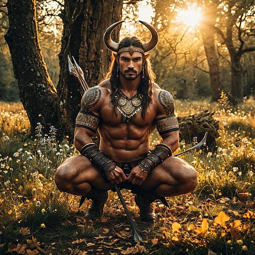 Muscular Horned Warrior Man in Forest with Bow and Tribal Tattoos