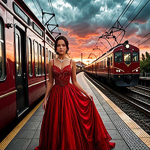 Elegant Woman in Red Gown at Sunset Train Platform