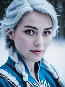 Woman with Ice-Blue Hair in Winter Costume
