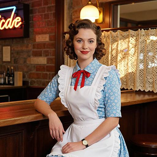 Vintage 1950s Woman in Retro Cafe Wearing Classic Floral Dress and Apron