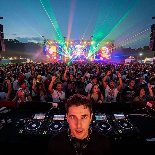 Outdoor Music Festival DJ Performing with Laser Light Show and Crowd