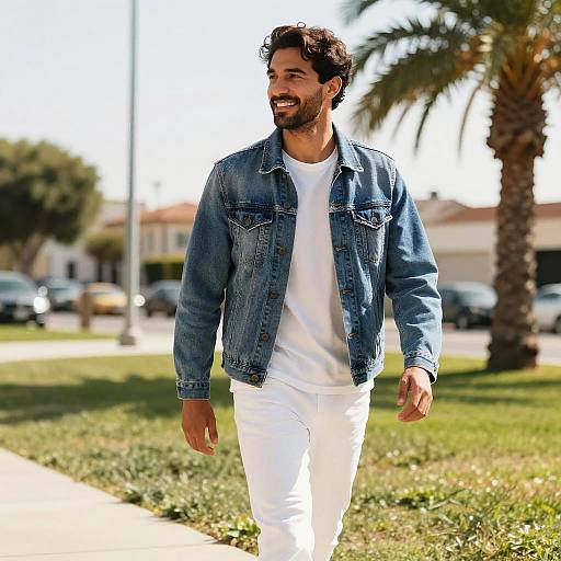 Smiling Man Wearing Denim Jacket and White Outfit Walking Outdoors