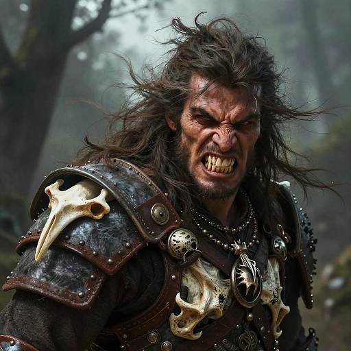 Fierce Warrior Man in Bone-Adorned Medieval Armor in Forest